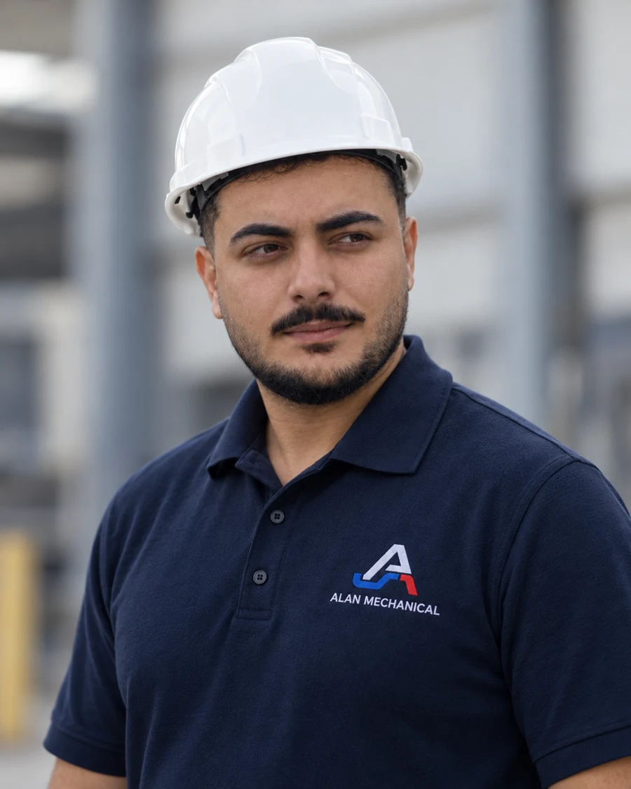 Omer Alan, founder of Alan Mechanical, wearing a white hardhat and navy branded work shirt